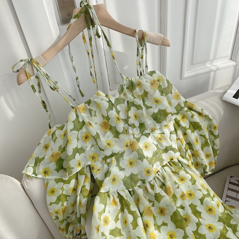 ĐẦM HOA RỚT VAI CHÉO DÂY CỔ BÈO NGỰC TAY PHỒNG