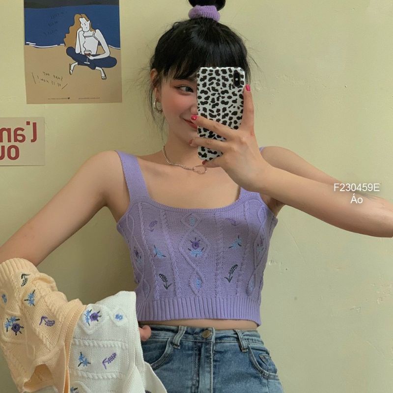 Áo len 2 dây croptop thêu hoa Quảng Châu 2304