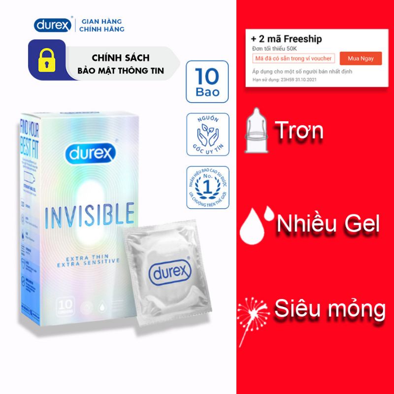 Bao cao su siêu mỏng Durex Invisible, bao cao su mỏng nhiều gel tăng khoái cảm + Tặng kèm hộp 3 cùng loại.