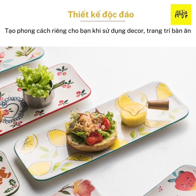 Đĩa sứ, đĩa trang trí hình chữ nhật, đĩa sushi nhiều hoạ tiết xinh xắn Alifis