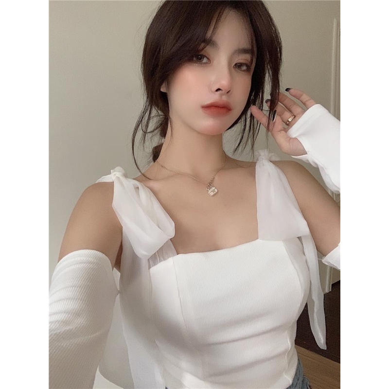 Áo Dệt Kim Hai Dây Phối Lưới Đính Nơ Quyến Rũ Thời Trang Mùa Hè Dành Cho Nữ