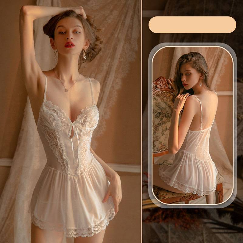 Đầm ngủ hai dây phối ren cổ chữ V khoét sâu gợi cảm cho nữ