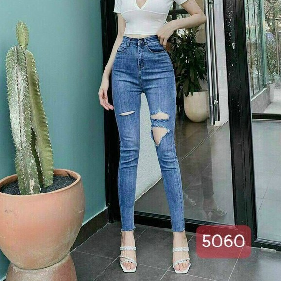Quần jeans nữ lưng cao rách gối-quần cạp cao co dãn cao cấp-tôn dáng ôm body-T Fhashion Shop N8