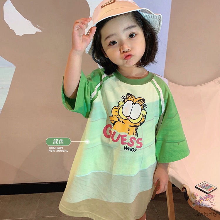 Đầm tay ngắn in hoạt hình phong cách mùa hè Hàn Quốc cho bé gái