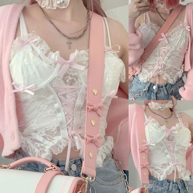Áo croptop hai dây vải ren hoa xuyên thấu dáng ôm nhún bèo phối dây thắt nơ phong cách Lolita ngọt ngào cho nữ