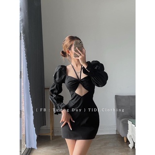 váy tay phồng có dây cột cổ khoét eo