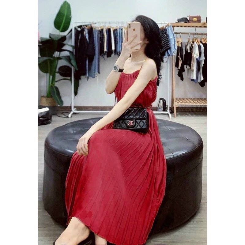 Đầm Xoè Hai Dây Dập Ly Maxi Dài - Bầu Bì Bon Chen Thoải Mái