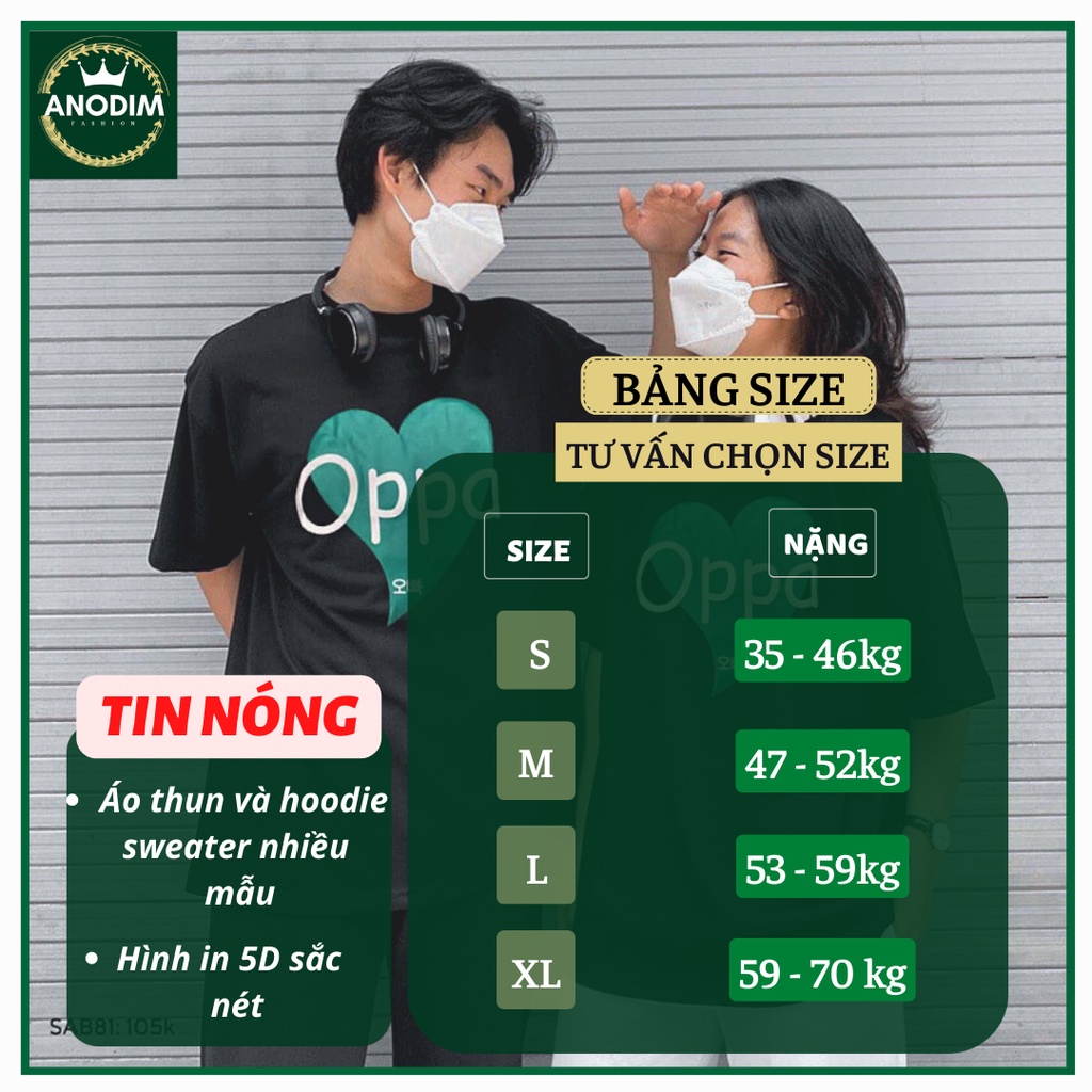 Áo thun cặp đôi, áo đôi tay lỡ in trái tim OPPA đáng yêu ANODIM