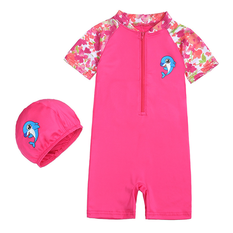 Bộ đồ bơi liền thân họa tiết cá heo + mũ bơi xinh xắn cho bé từ 1-8 tuổi