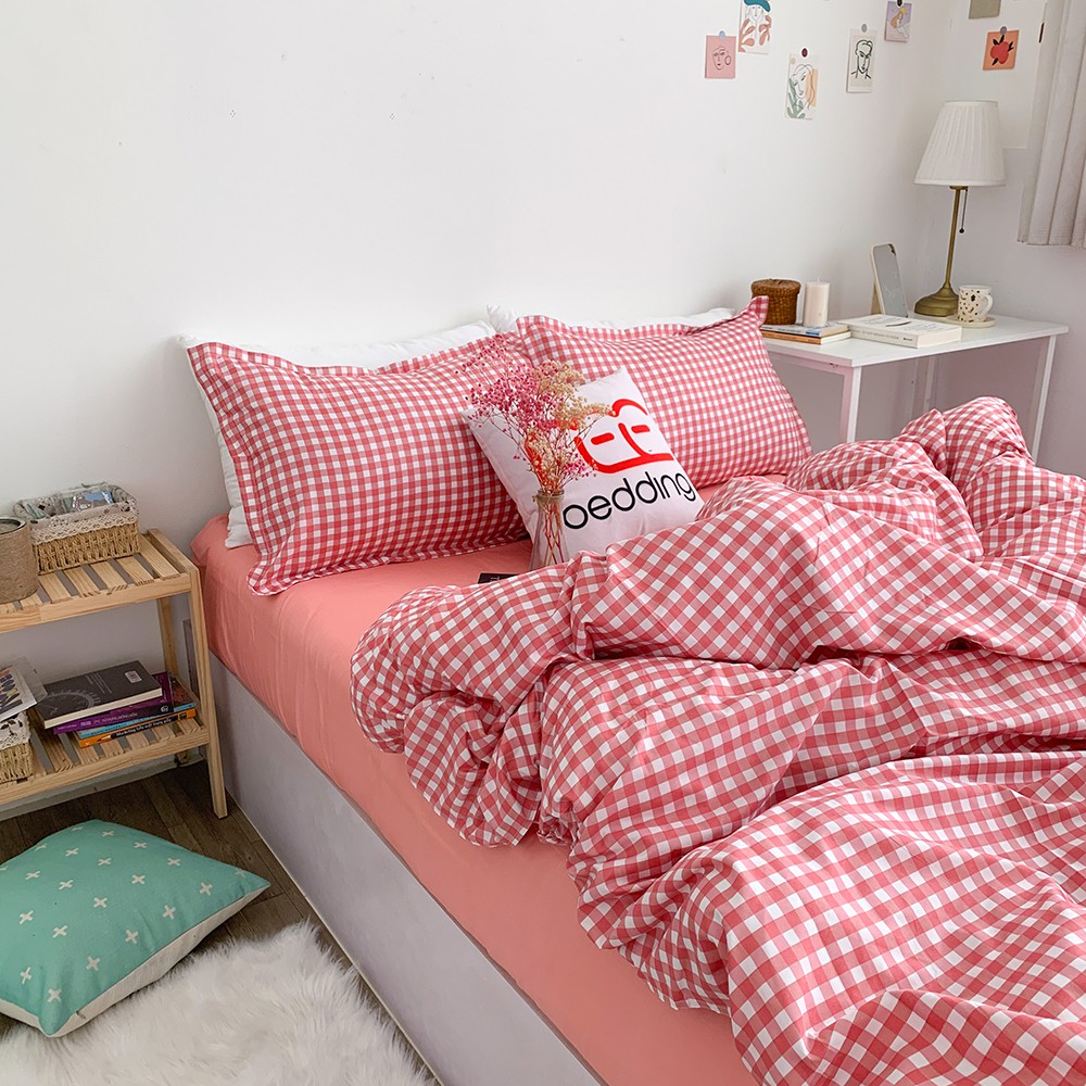 Bộ chăn ga gối poly cotton REE Bedding caro hồng PLC57
