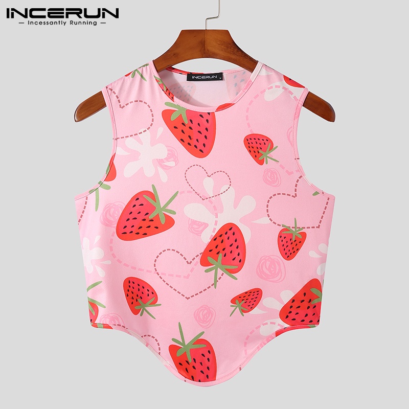 Áo lửng INCERUN không tay xẻ tà họa tiết in dâu tây dễ thương thời trang dành cho nam