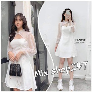 ĐẦM DỰ TIỆC NỮ 💖TRẮNG TAY LƯỚI ĐÍNH NGỌC CỔ CÓ MÚT NGỰC VẢI UMI DÀY DẶN