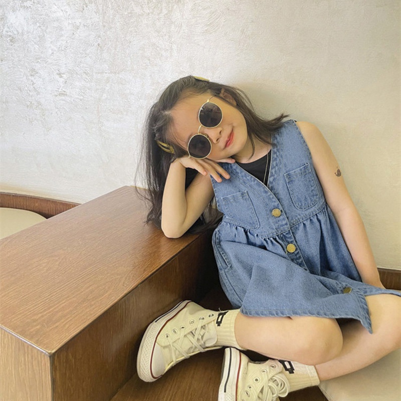 Đầm Yếm Denim Hai Dây Lưng Phong Cách Nước Ngoài Cho Bé Gái