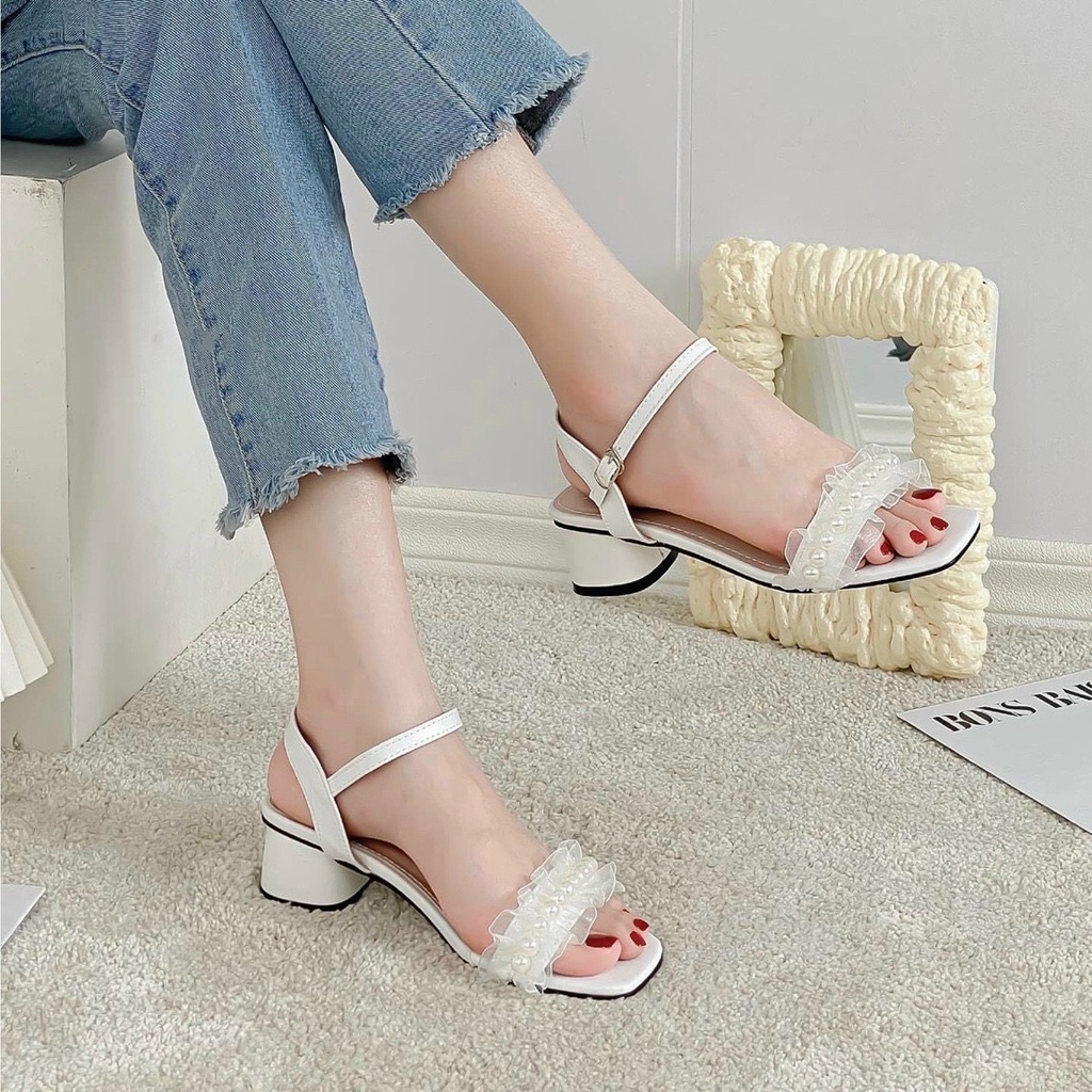 Dép sandal nữ quai hạt ngọc bánh bèo gót 4cm thời trang