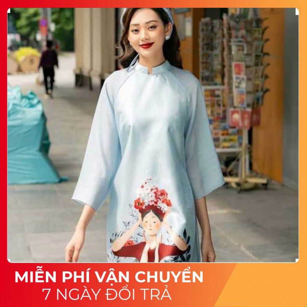Áo Dài Cách Tân Nữ Mặc Tết Dáng Suông Vải Voan Tơ Hình Cô Gái A02