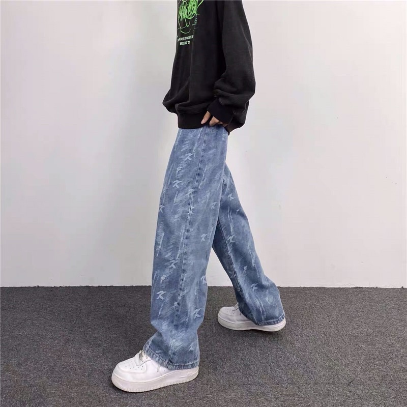 Quần bò jeans ống rộng mài hoạ tiết màu xanh nhạt hiphop siêu chất ❤️