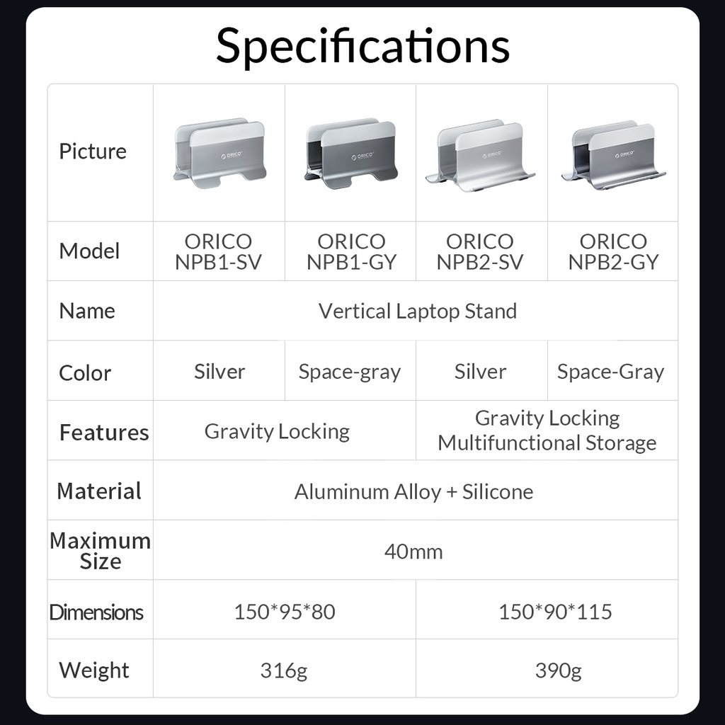 Giá Đỡ Laptop Bằng Nhôm Dạng Đứng Cho MacBook Dell Samsung (NPB1) ORICO