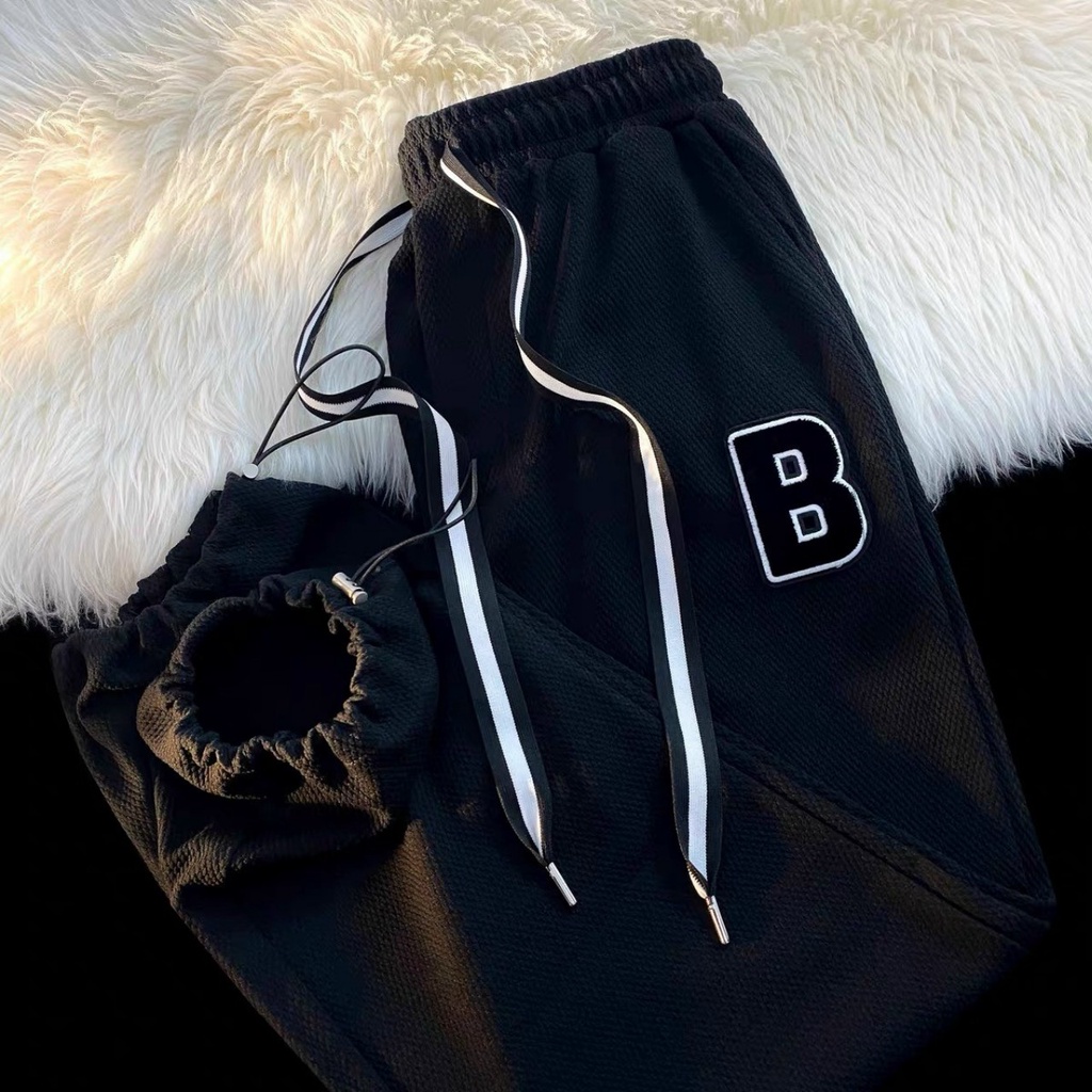 Quần jogger thêu đáp chữ B from quần ống rộng vải bo cotton dầy không xù 3màu Đen Xám,RÊU so hot