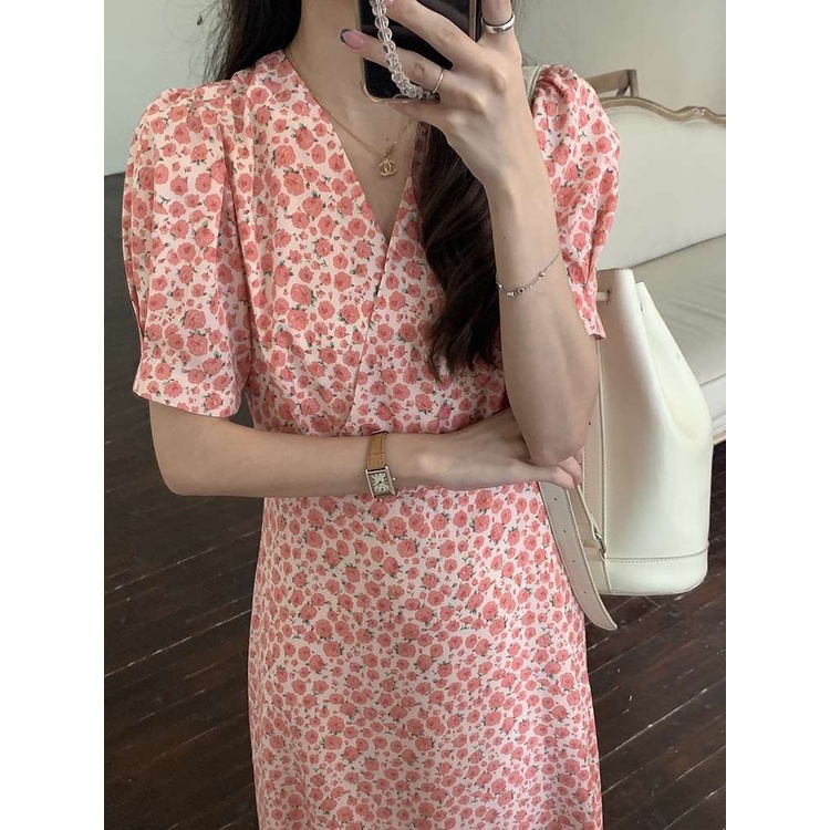 Đầm Hoa Hồng Nhấn Eo Phong Cách Pháp Thời Trang Mùa Hè Cho Nữ