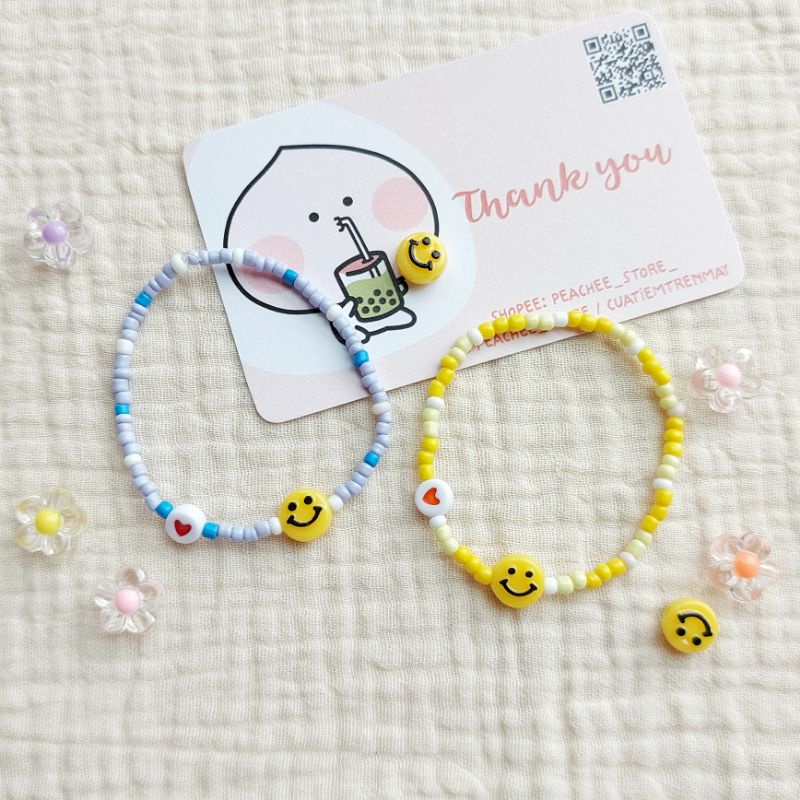 🙂 Vòng tay hạt cườm nhựa handmade nhiều màu kèm charm mặt cười, hình tim