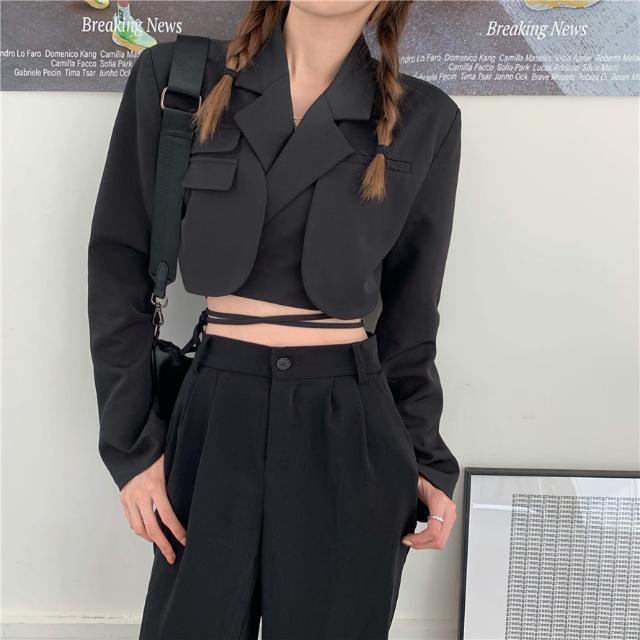 Áo khoác vest DIDIKA phối dây buộc eo dáng ngắn phong cách Hàn Quốc thanh lịch cổ điển cho nữ