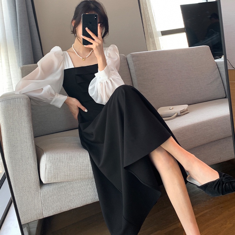 MS726 Váy đầm dài xếp ly ngực phối tay voan Quảng Châu, đầm thanh lịch công sở vintage