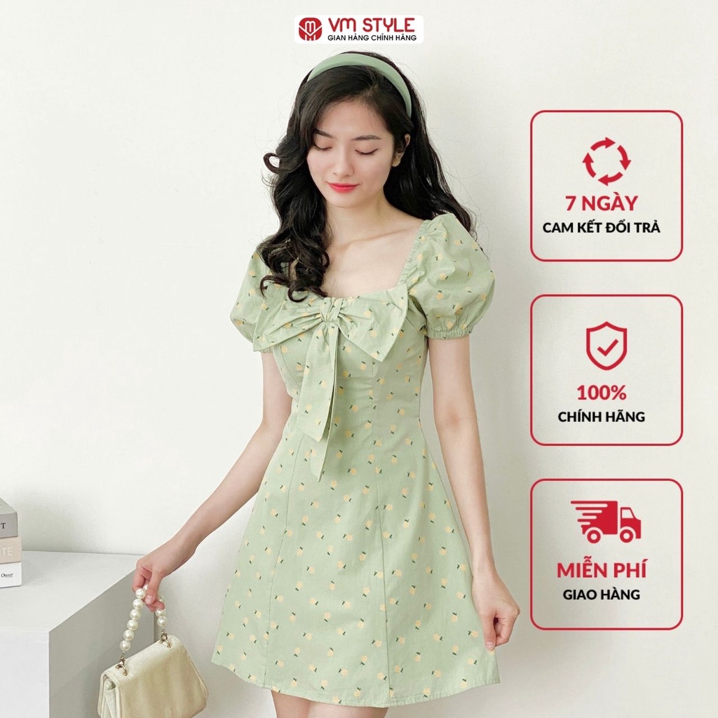 Đầm hoa tay phồng VMSTYLE chun vai nơ ngực -Y170- 22VD03Y010101