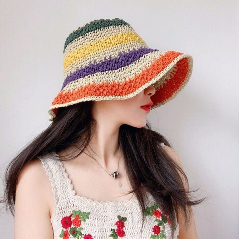 Mũ rơm rộng vành che nắng thoáng khí màu cầu vồng có thể đIều chỉnh và gấp gọn dành cho nữ