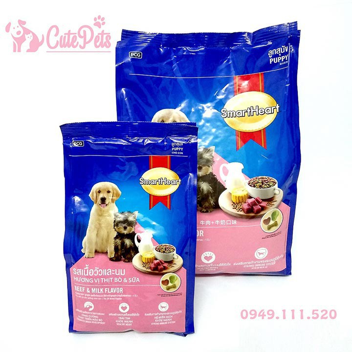 Thức ăn dành cho chó con Smart Heart Puppy Tải 8kg 20 gói 400g Vị thịt bò và sữa- Petshophanoi