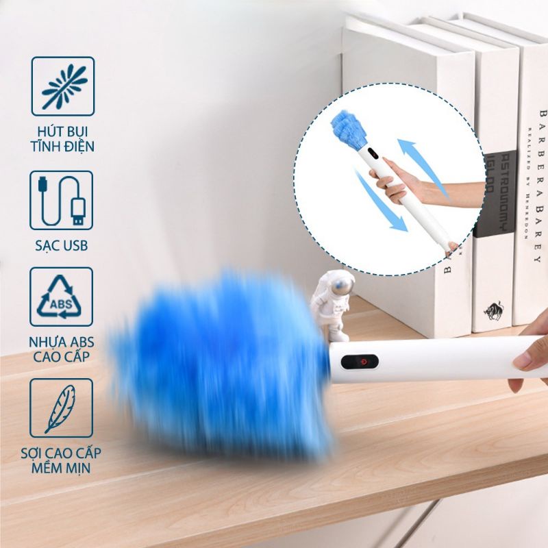 Chổi Lông Quét Bụi Tự Xoay 360° - Pin sạc USB chân Type C - Vệ sinh nhà cửa, nội thất ô tô, máy tính