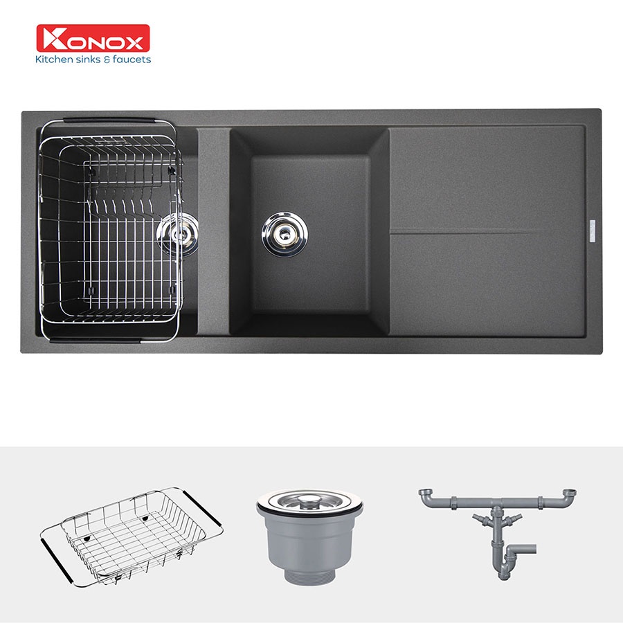 Chậu rửa bát đá KONOX Granite Series Livello 1160 Grey, Made in Italy, Full set gồm Siphon + Giá úp bát inox