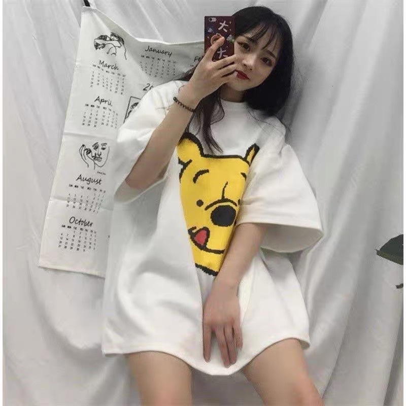 [Rẻ vô địch] Áo thun cotton tay lỡ dáng rộng unisex gấu pooh freesize 38-65kg