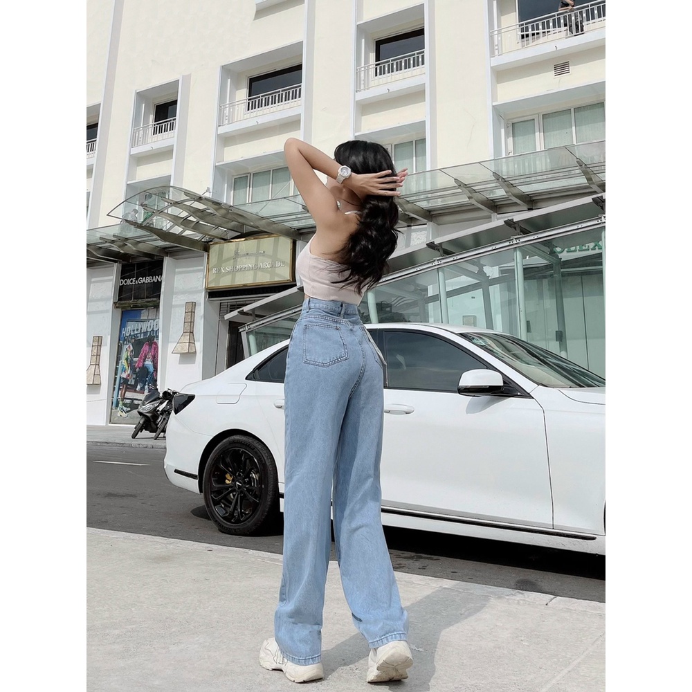 Quần jean nữ ống rộng túi nắp phía trước màu xanh, quần bò nữ lưng cao dáng suông basic OHS3908