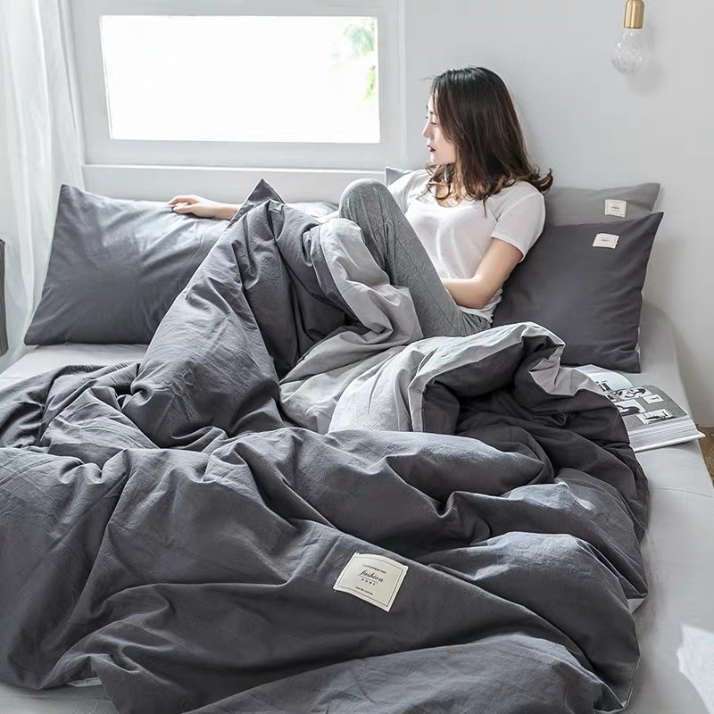 Set Chăn Ga Cotton TC Ghi Đậm Phối Ga Xám Nhạt Hàng Chuẩn Xuất Nhật