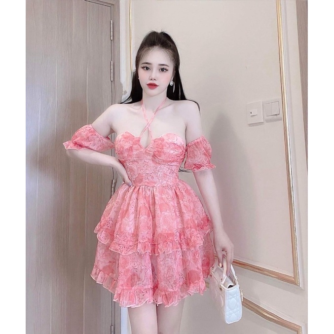 Đầm voan hoa tầng trễ vai phong cách ngọt ngào-hàng thiết kế