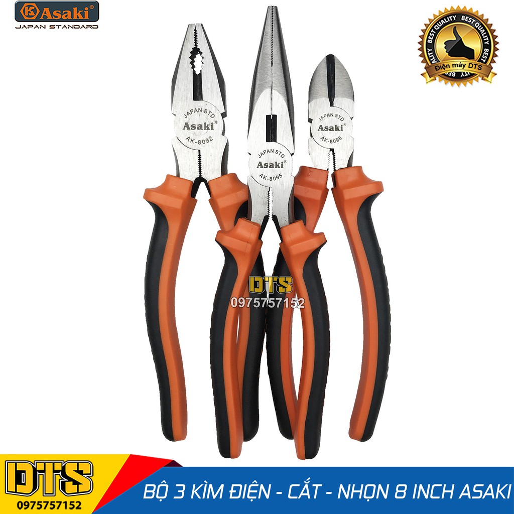 Bộ 3 kìm điện - kìm cắt - kìm nhọn kiểu Mỹ Asaki A+cut Tech 8 inch/ 200mm, thép High Carbon độ cứng cao