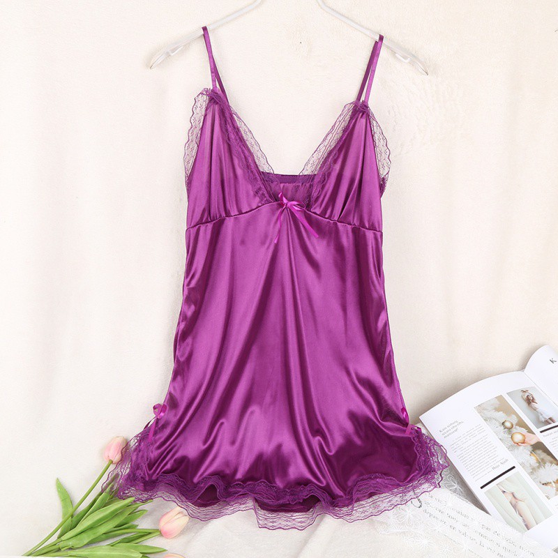 Bộ đầm ngủ áo dây vải lụa cổ chữ v thời trang nữ phối ren | BigBuy360 - bigbuy360.vn