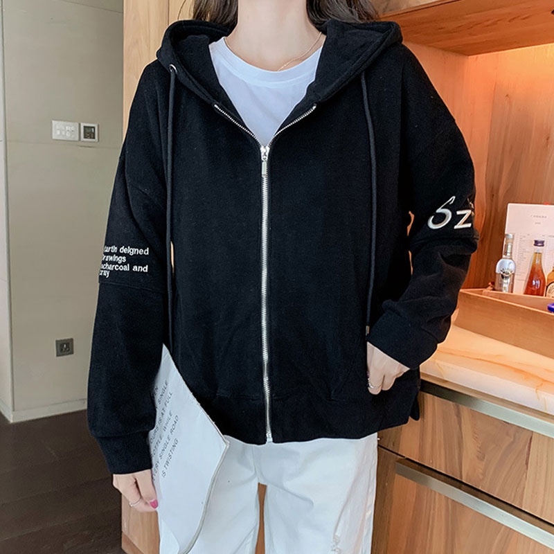 Áo Khoác Hoodie Khóa Kéo Thêu Chữ Thời Trang Cho Nữ