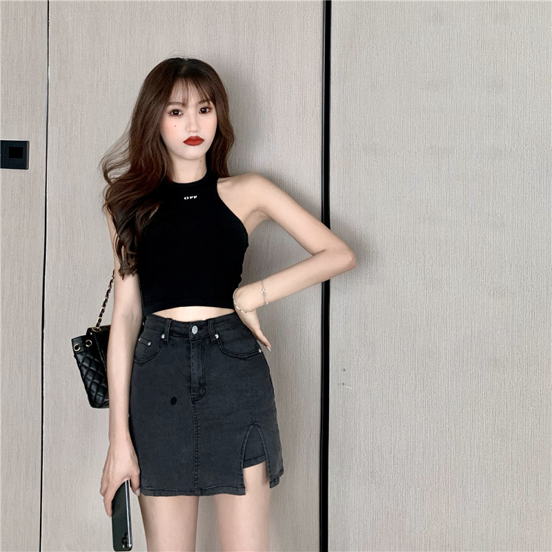 Chân váy jean DUNEA kiểu chữ A cạp cao xẻ tà xinh xắn cho nữ