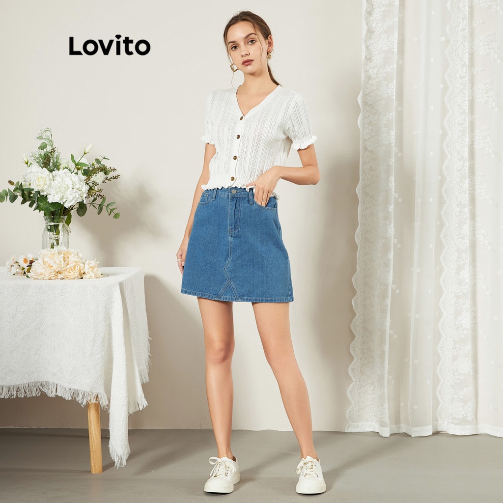 Chân váy denim Lovito thiết kế màu trơn có túi chất liệu dày dặn L25ED055 (màu xanh lam)