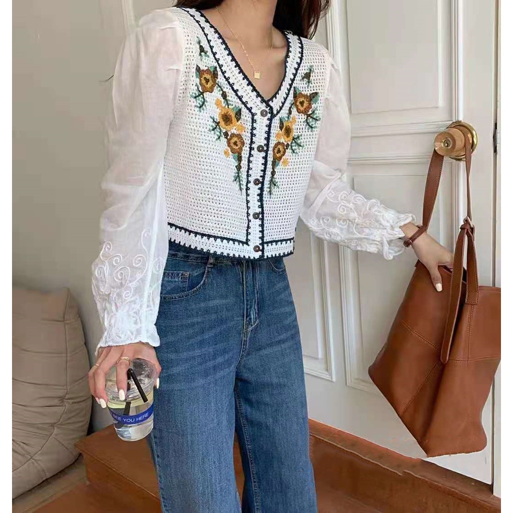 SUXI Áo Sơ Mi Dài Tay Cổ Chữ V Thêu Trang Trí Phong Cách Retro Thời Trang Mùa Thu Dành Cho Nữ