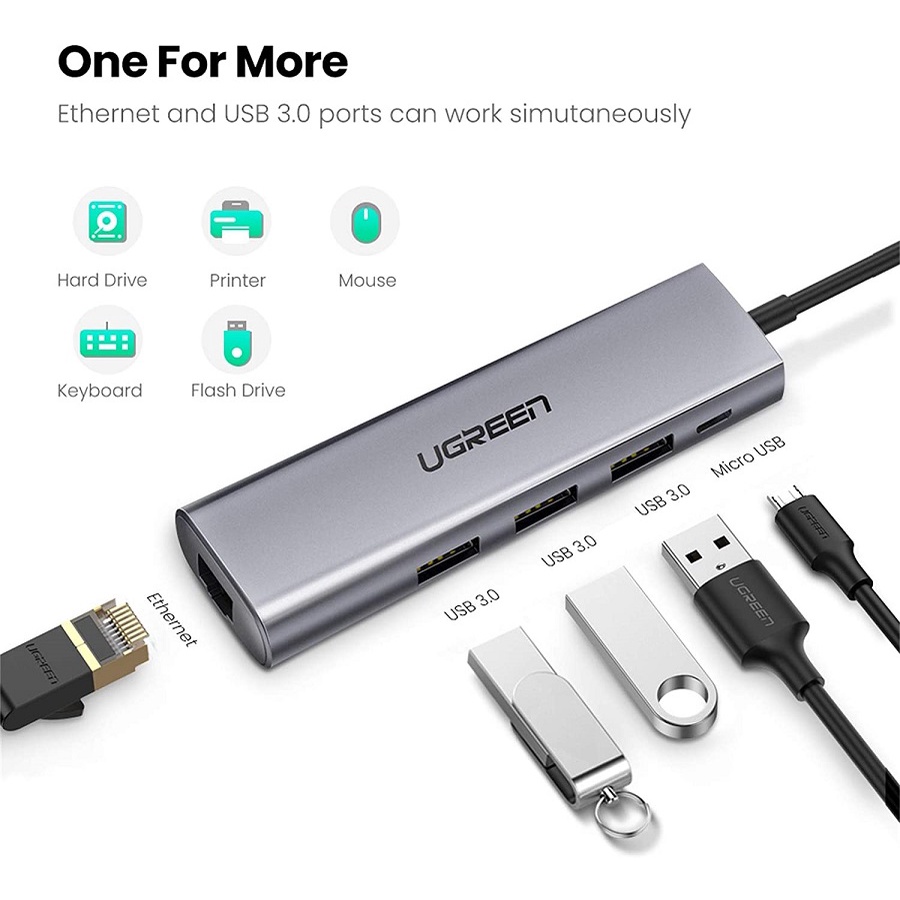 Bộ chuyển USB 3.0 sang LAN 1Gbps + 3 cổng USB 3.0 chính hãng UGREEN 60812 cao cấp - Hàng phân phối chính hãng