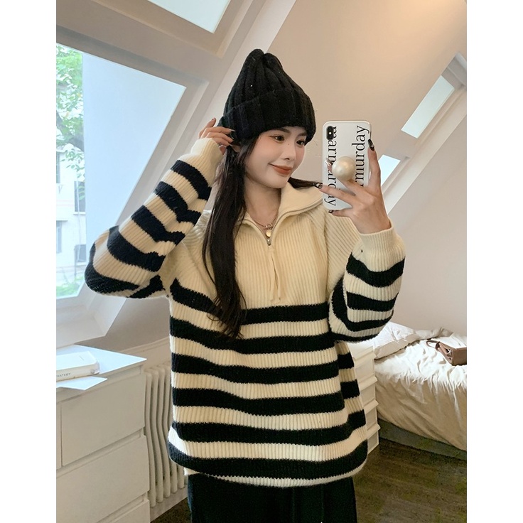 ZHELIHANGFEI Áo Sweater Tay Dài Cổ Lọ Kẻ Sọc Phối Khóa Kéo Cá Tính