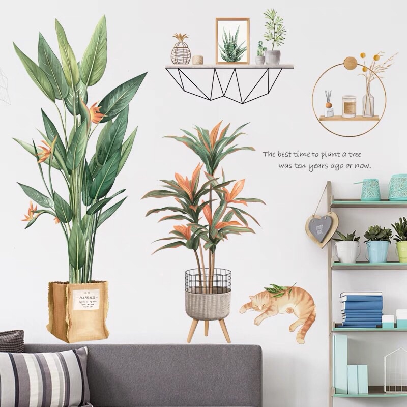 Decal dán tường chậu cây và chú mèo dễ thương