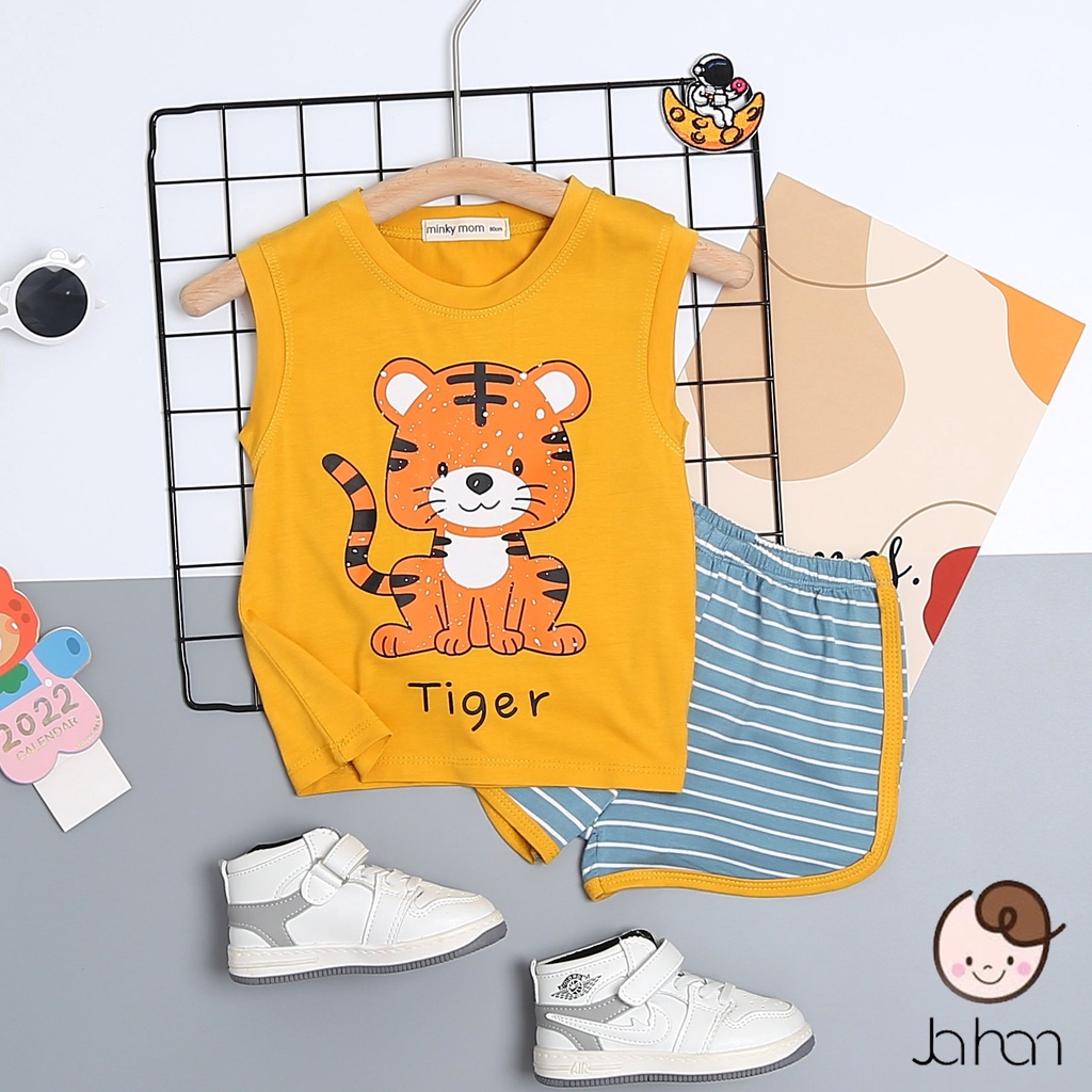 [SALE] Bộ Ba Lỗ Bé Gái, Bé Trai Minky Mom Vải Thun Lạnh Cá Heo Trắng Quần Kẻ, Áo Thun 3 Lỗ Cho Bé Mặc Hè MKM3LO2212