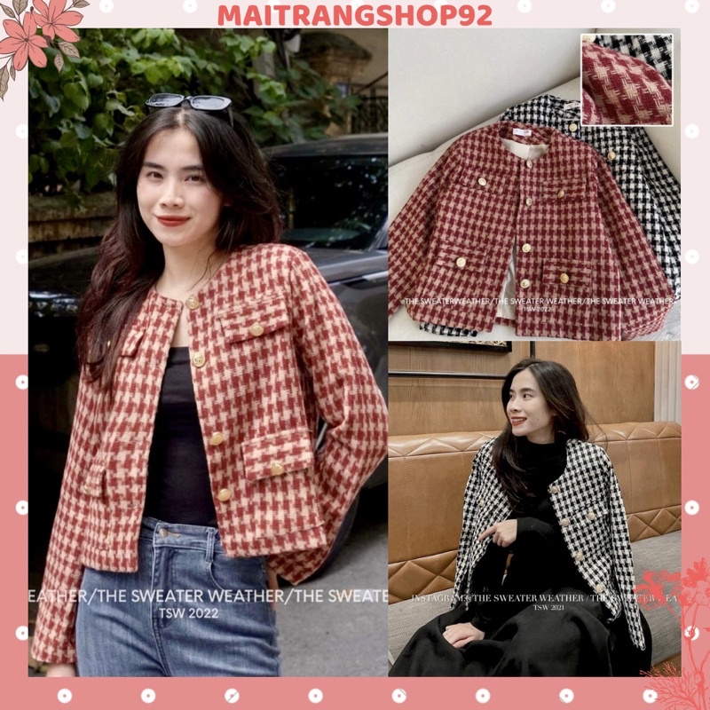 Áo dạ tweed nữ 2 lớp kẻ caro dáng ngắn tiểu thư, Áo khoác dạ siêu sang chảnh phong cách Hàn Quốc (TTA150)