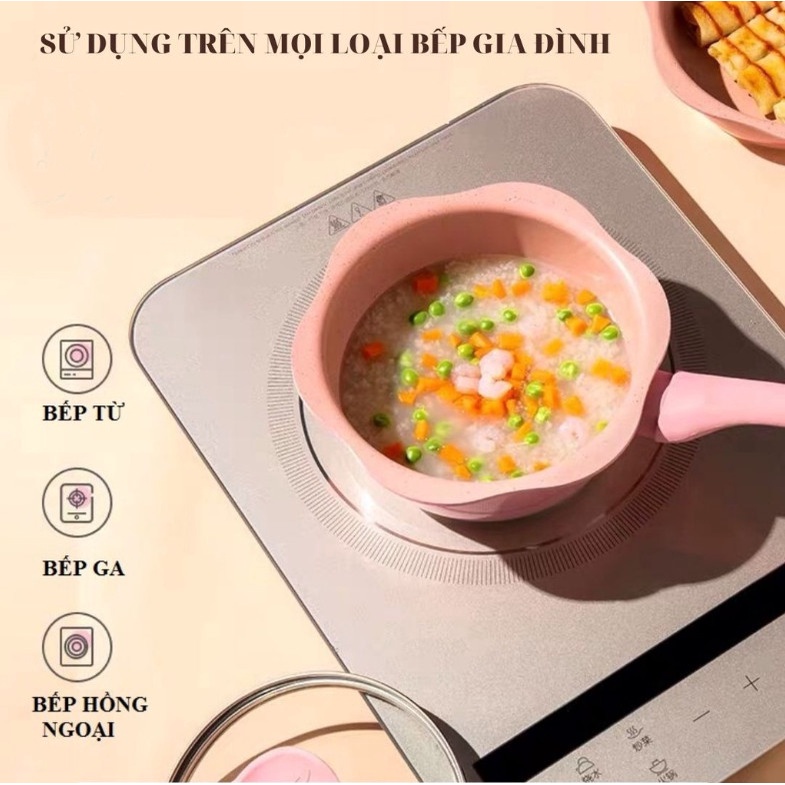 (CÓ SẴN) Bộ nồi chảo đá hình hoa cho bé ăn dặm cao cấp chống dính kèm lồng hấp nấu chế biến đồ gia đình dùng được bếp từ