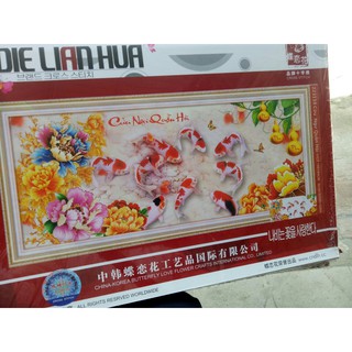 tranh thêu chữ thập cá chép hoa mẫu đơn kt 195x85cm