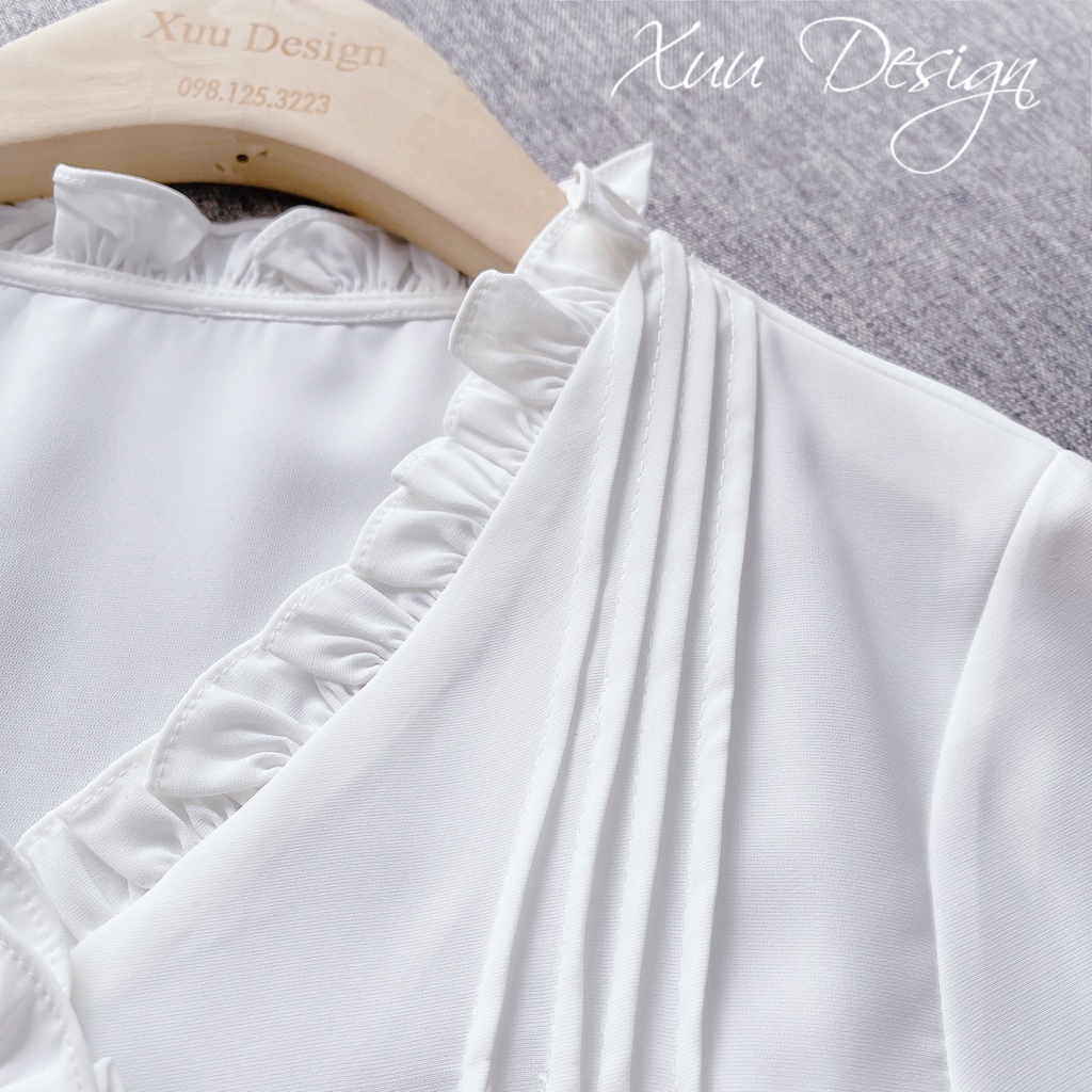 Áo sơ mi trắng nữ thời trang wexuu Design kiểu dáng tay lỡ cổ V phối vạt bèo thanh lịch - SP42