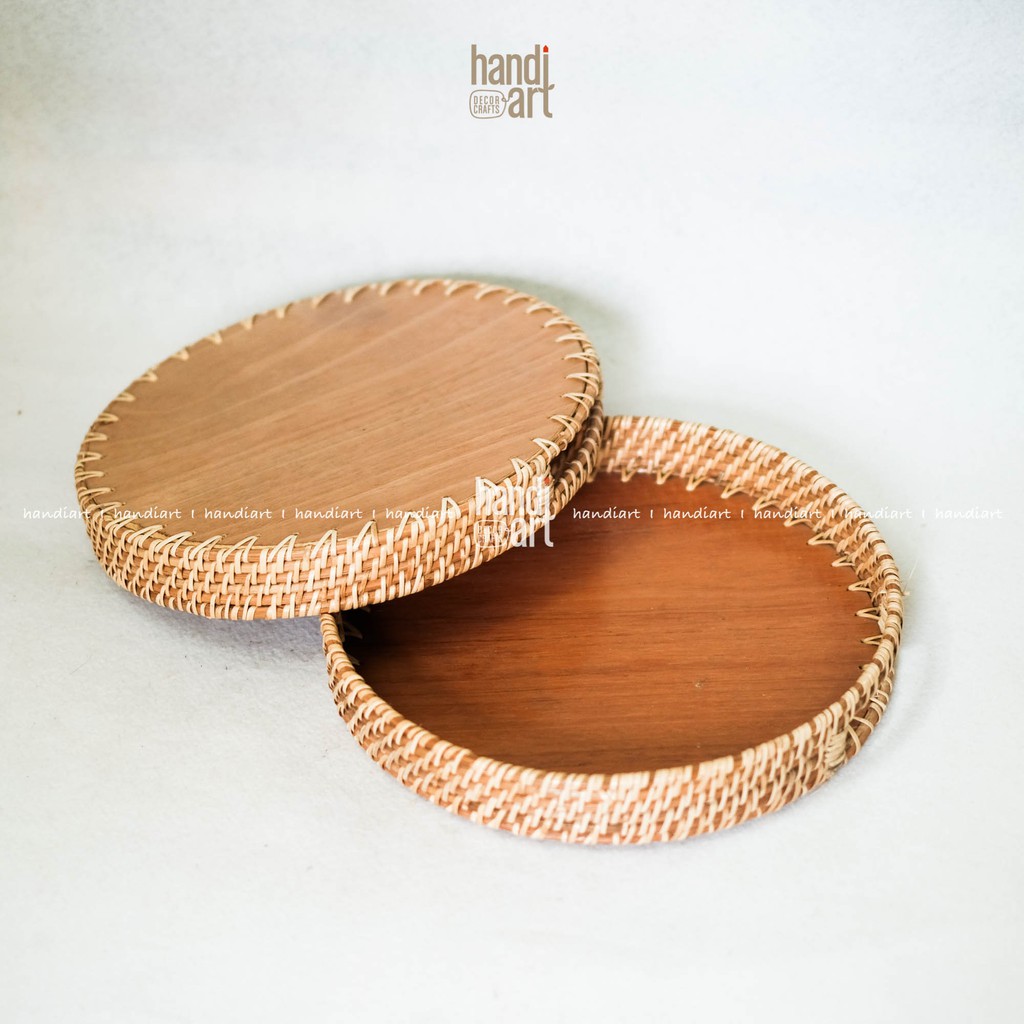 Khay tròn có quai bằng mây đế gỗ - Khay mây tròn-Wooden tea tray